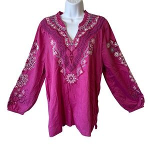 Soft Surroundings XL Pink Laney Voile top bohemian peasant embroidery eyelet